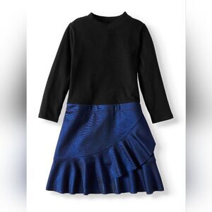 Wonder Nation Girls Knit Metallic Ruffle Hem Dress Black Soot Blue Sz S 6 6x